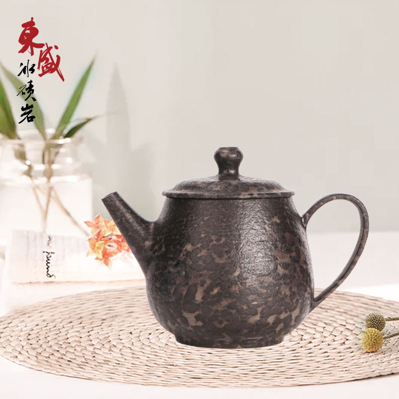 东盛天然冰碛岩手工雕刻中式豹纹涌泉壶茶具